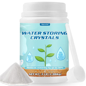 Oycevila water crystals 3lb pack showing extended soil moisture for healthy plants.