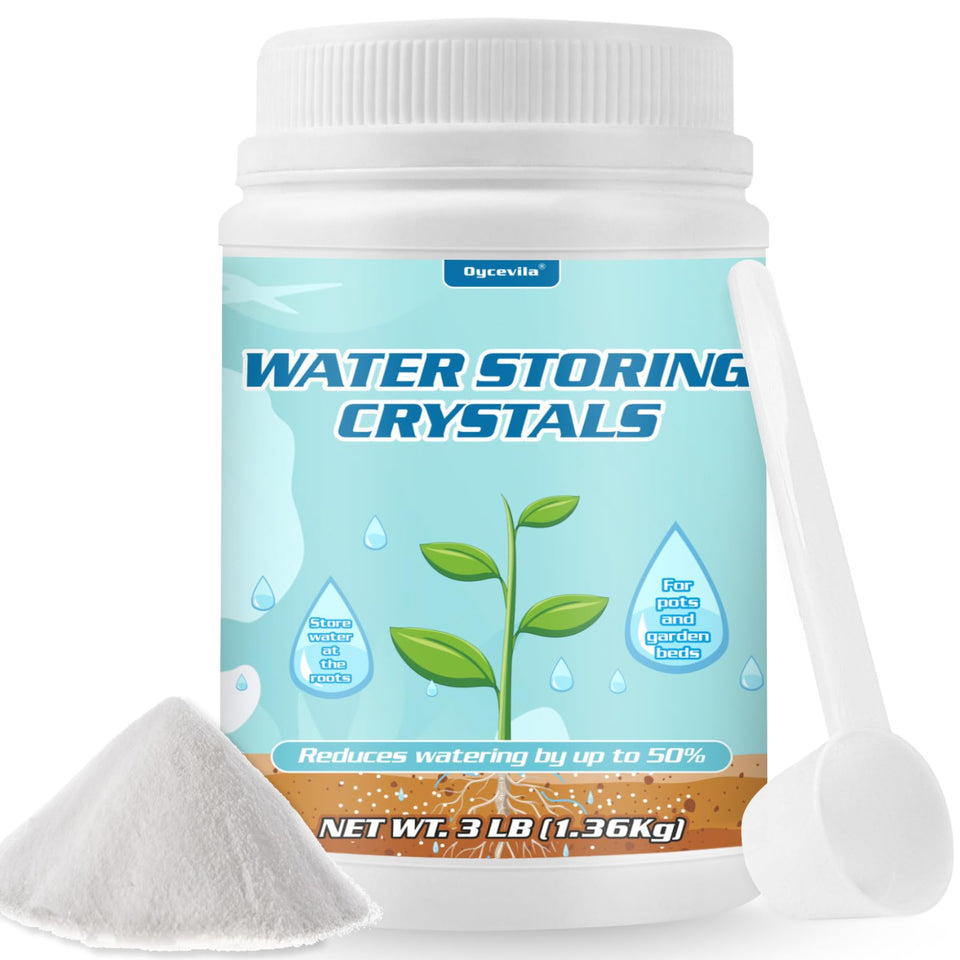 Oycevila water crystals 3lb pack showing extended soil moisture for healthy plants.