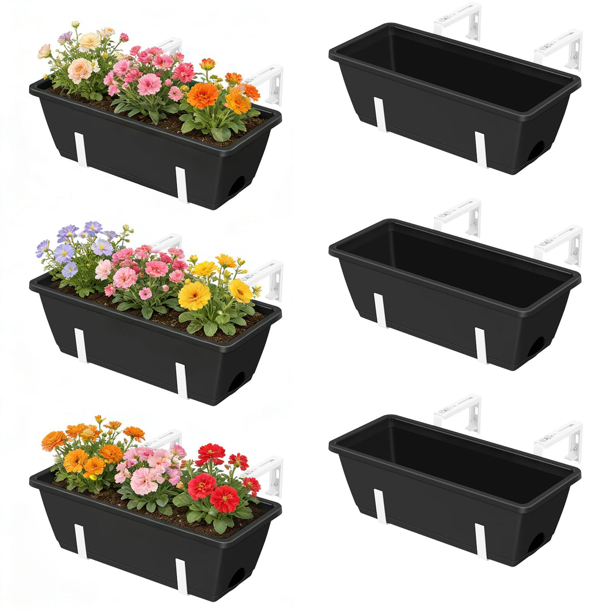 OYEAL 6-pack railing planter boxes mounted on a railing for vibrant blooms.