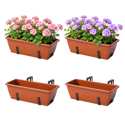 OYEAL deck railing planter box four-pack mounted on a railing for balcony gardening.