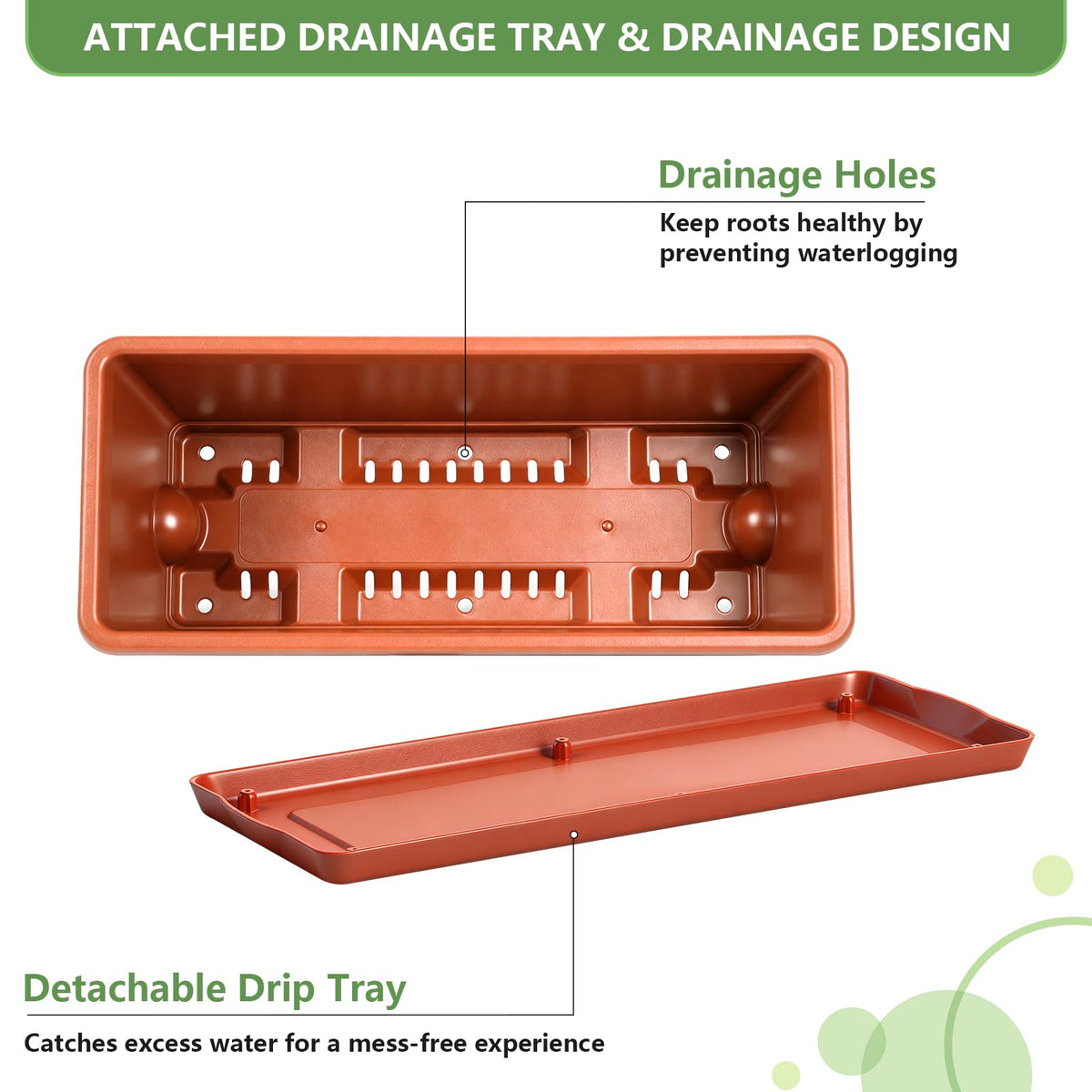 OYEAL drainage system with detachable drip tray enables controlled watering.