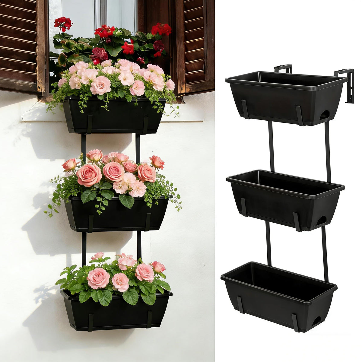 OYEAL 3-tier railing planter on balcony for space-saving vertical gardening.