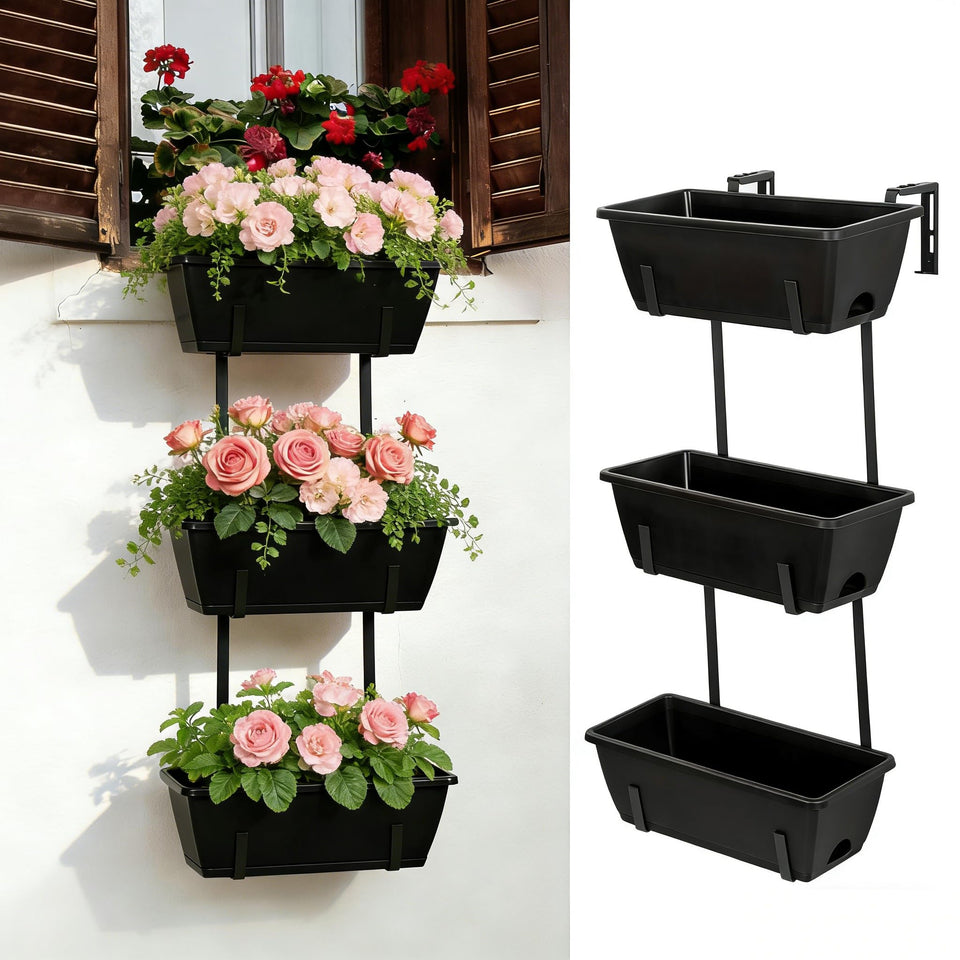OYEAL 3-tier railing planter on balcony for space-saving vertical gardening.
