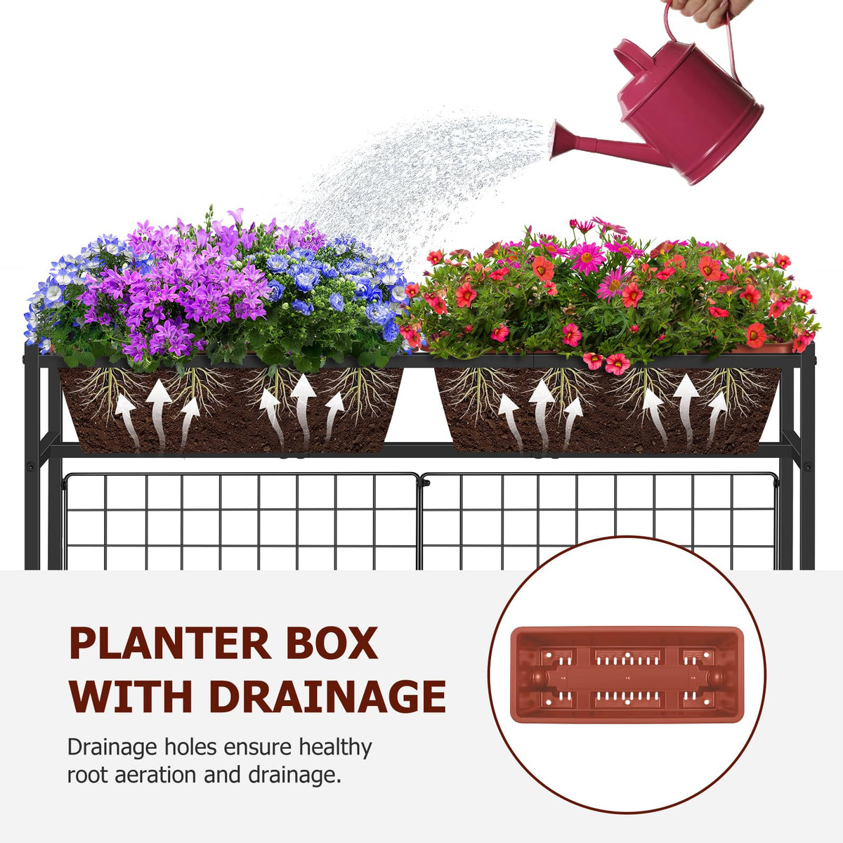 OYEAL red raised garden bed with trellis ideal for vertical growth of tomatoes and peppers.