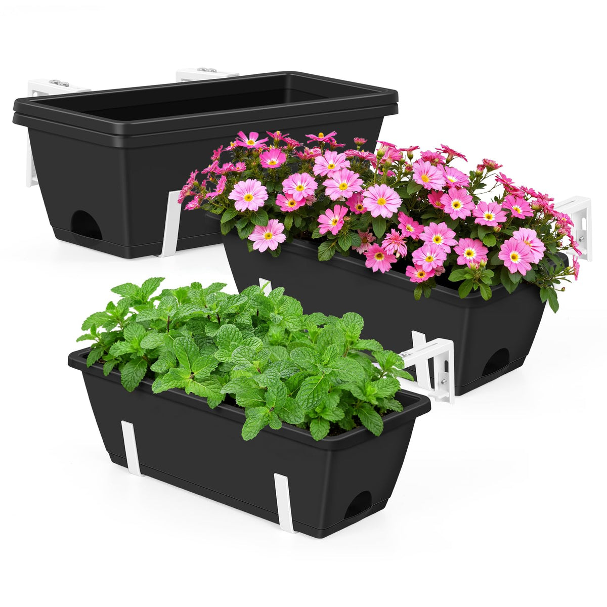 OYEAL tool-free installation process shown on railing planter