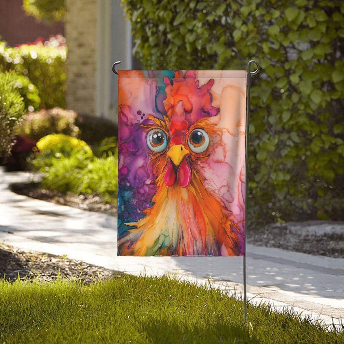 Oyebn Colorful Rooster flag in garden setup; adds festive yard charm.