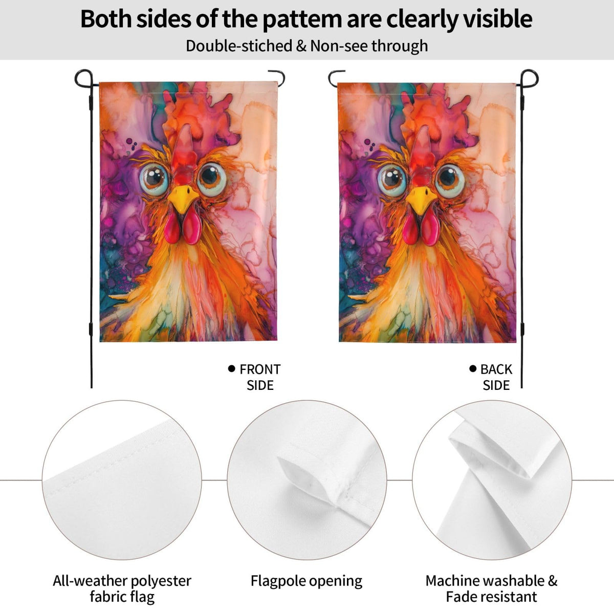 Oyebn Colorful Rooster flag in sunlight; fade-resistant colors for outdoor use.