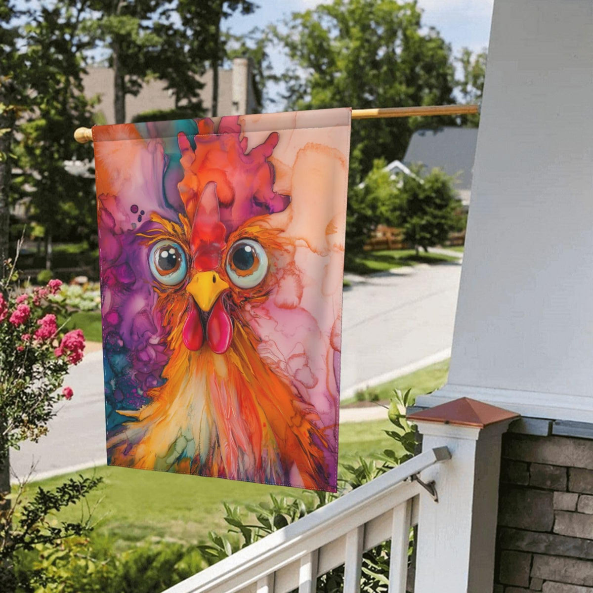 Oyebn Colorful Rooster flag on porch; quick and easy seasonal decoration.