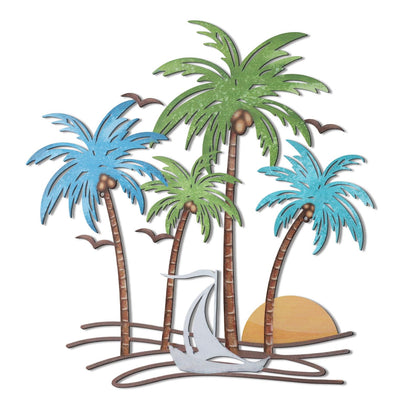 OYEFLY metal tropical beach wall art for outdoor spaces adds coastal charm.