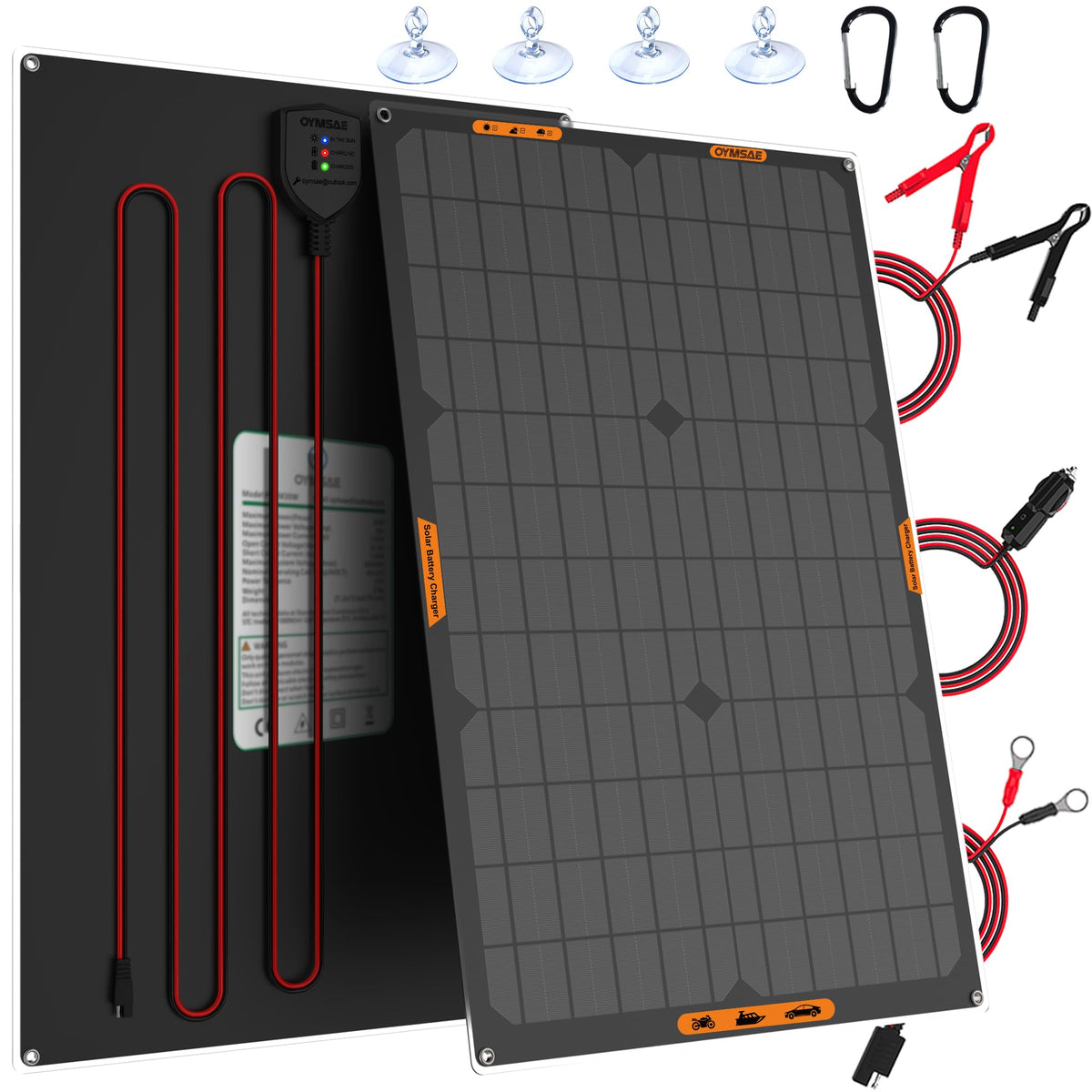 OYMSAE 30W solar panel with status indicators shows charging progress
