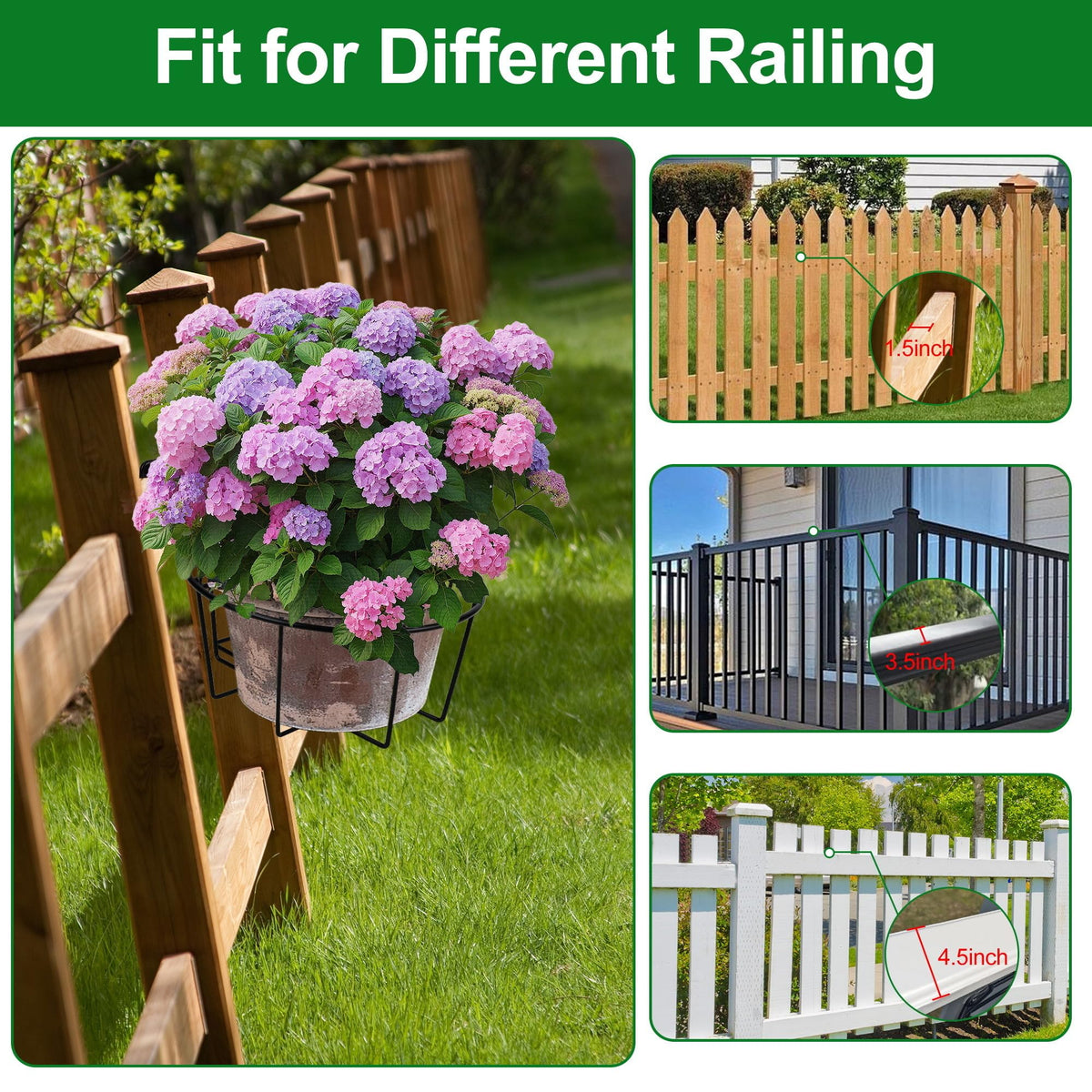 OYMVEKIK adjustable hook lengths fit railings 1.5 to 4.5 inches.