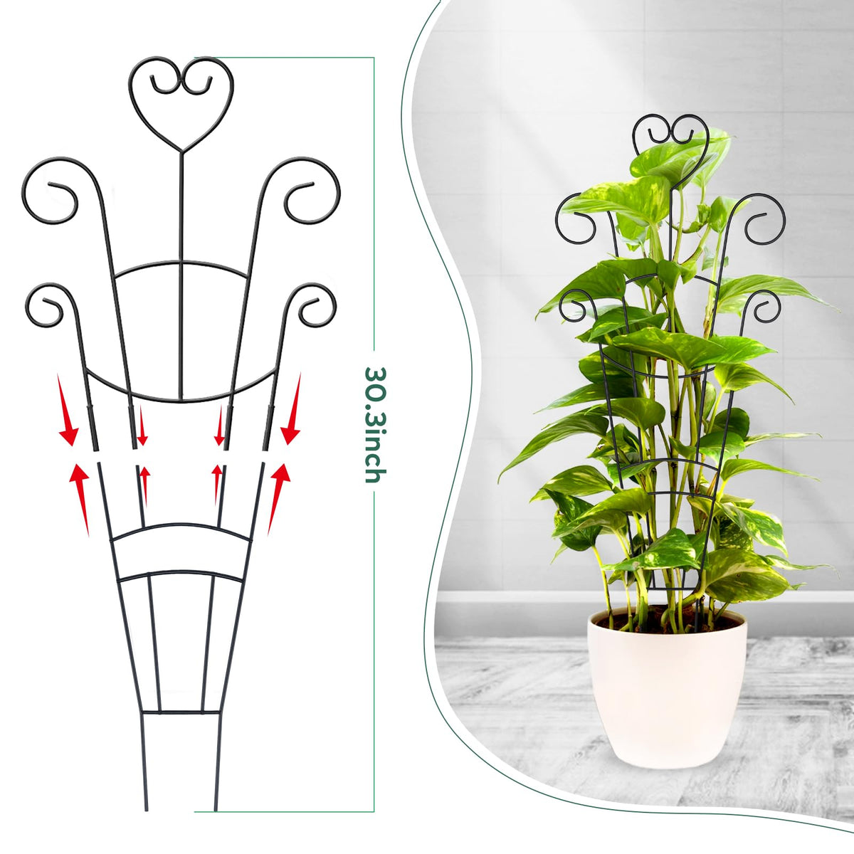 OYOEETD 30-inch heart trellis side view; rust-resistant coating enhances outdoor durability.