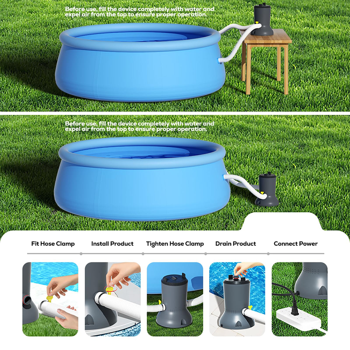 OYO WATER 20W solar panel powering pool filtration for eco-friendly operation.