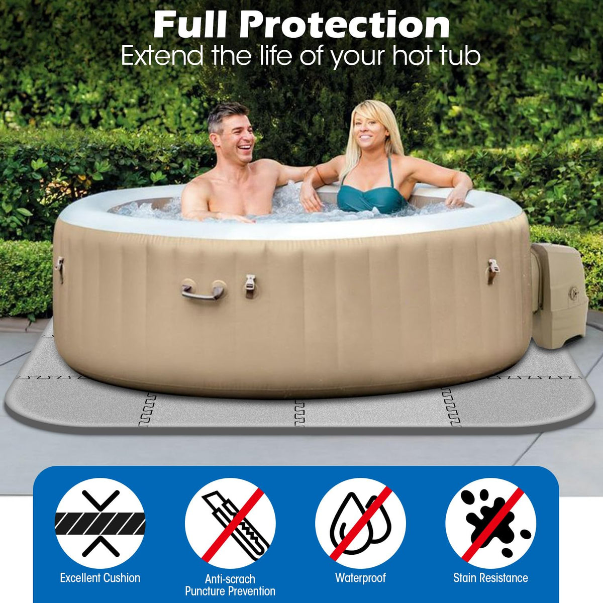 Oyrlize hot tub mat edge-to-edge puzzle design enables easy setup.