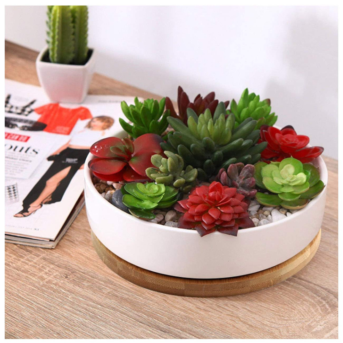 OYSIR raised-edge bamboo saucer, 6in, catches excess water and soil.