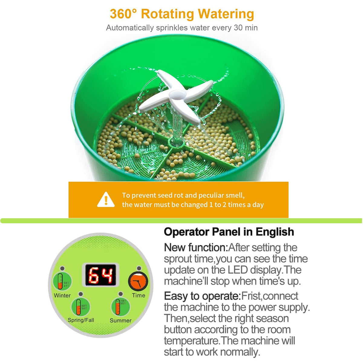 OYSIR LED timer display close-up illustrating precise sprout timing