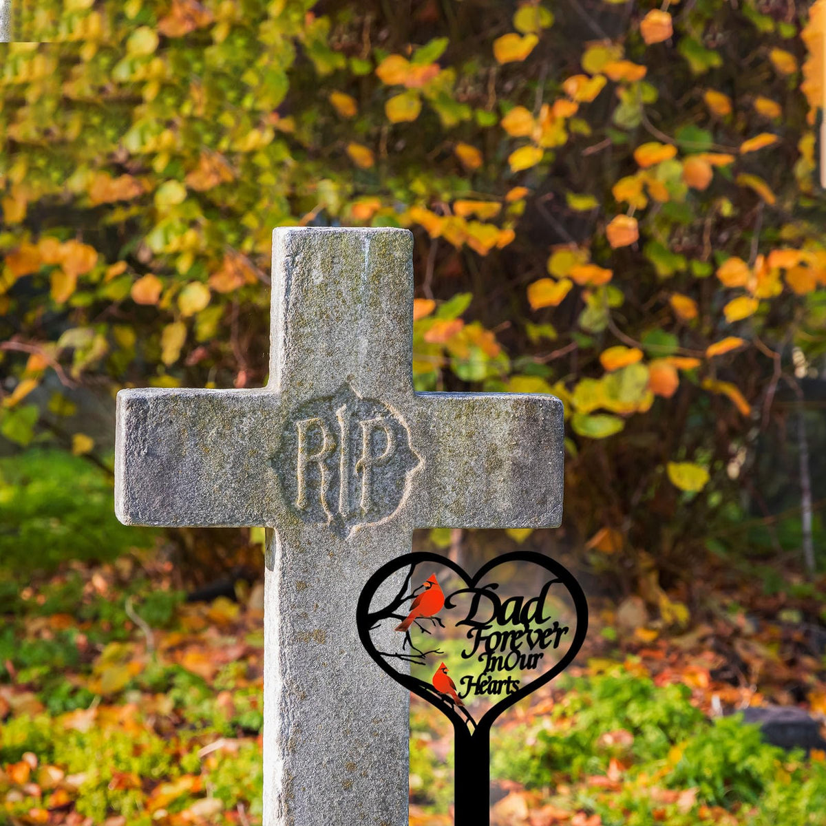 OZIO outdoor memorial sign is easy to install beside a headstone.