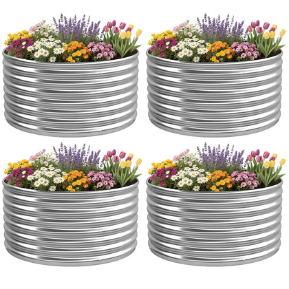OZMSHF round raised bed four-pack in sunny yard boosts scalable vegetable and flower planting