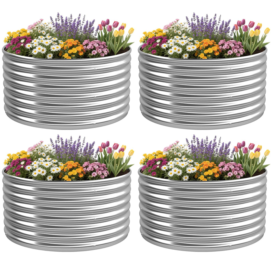 OZMSHF round raised bed four-pack in sunny yard boosts scalable vegetable and flower planting