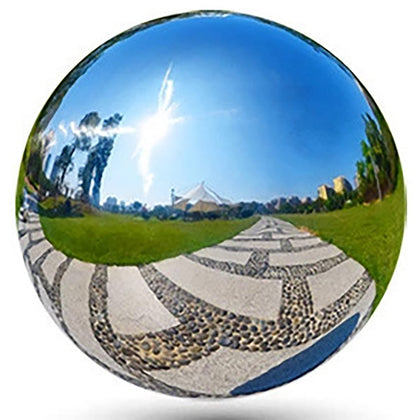 OZXNO Round Hollow Ball in silver reflects surroundings for striking decor.