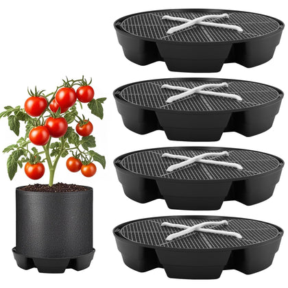 P Polerden self-watering saucer pack demonstrates auto irrigation for fabric planters.