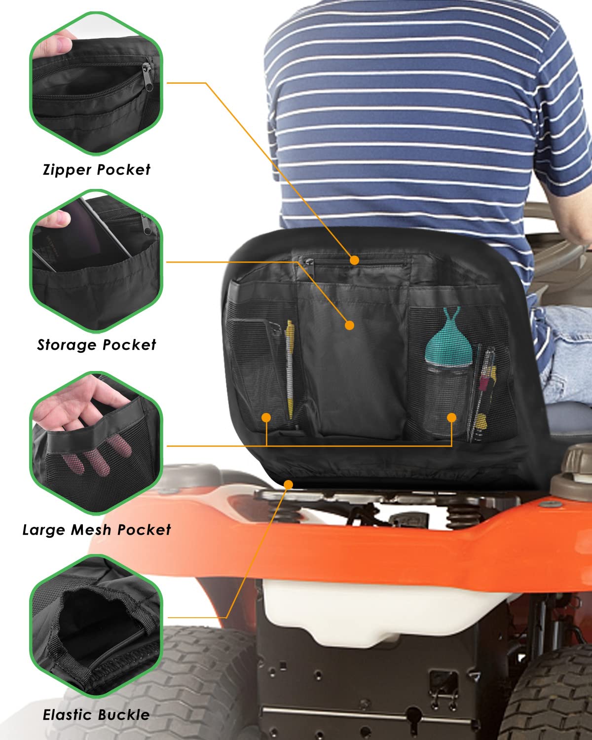 PACETAP back pocket design on seat cover with tools and gloves