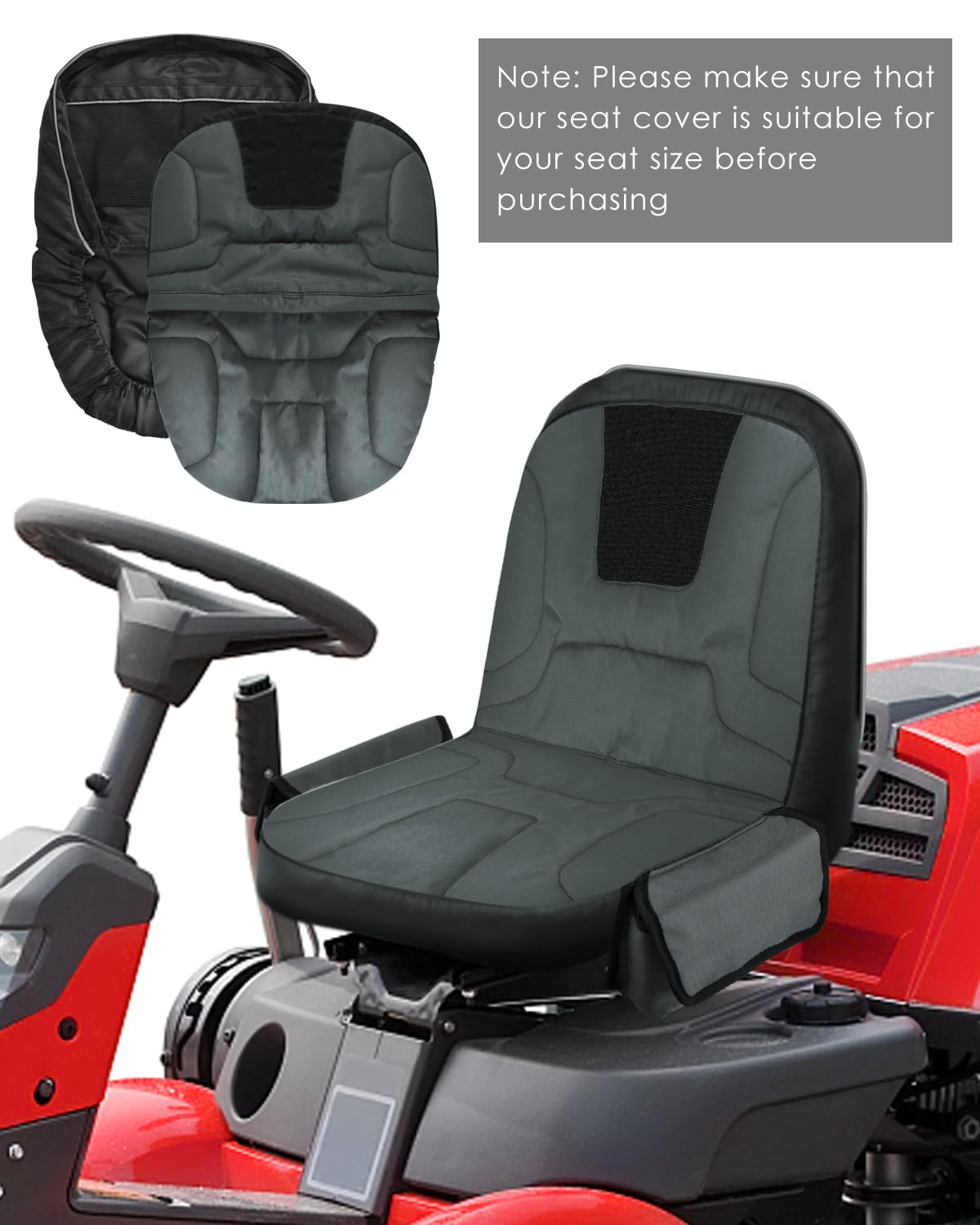 PACETAP seat cover in use on a tractor shows easy fit.