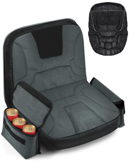 PACETAP tractor seat cover with drink pouch keeps beverages accessible during mowing.