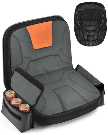 PACETAP tractor seat cover with drink pouch keeps drinks handy during mowing.