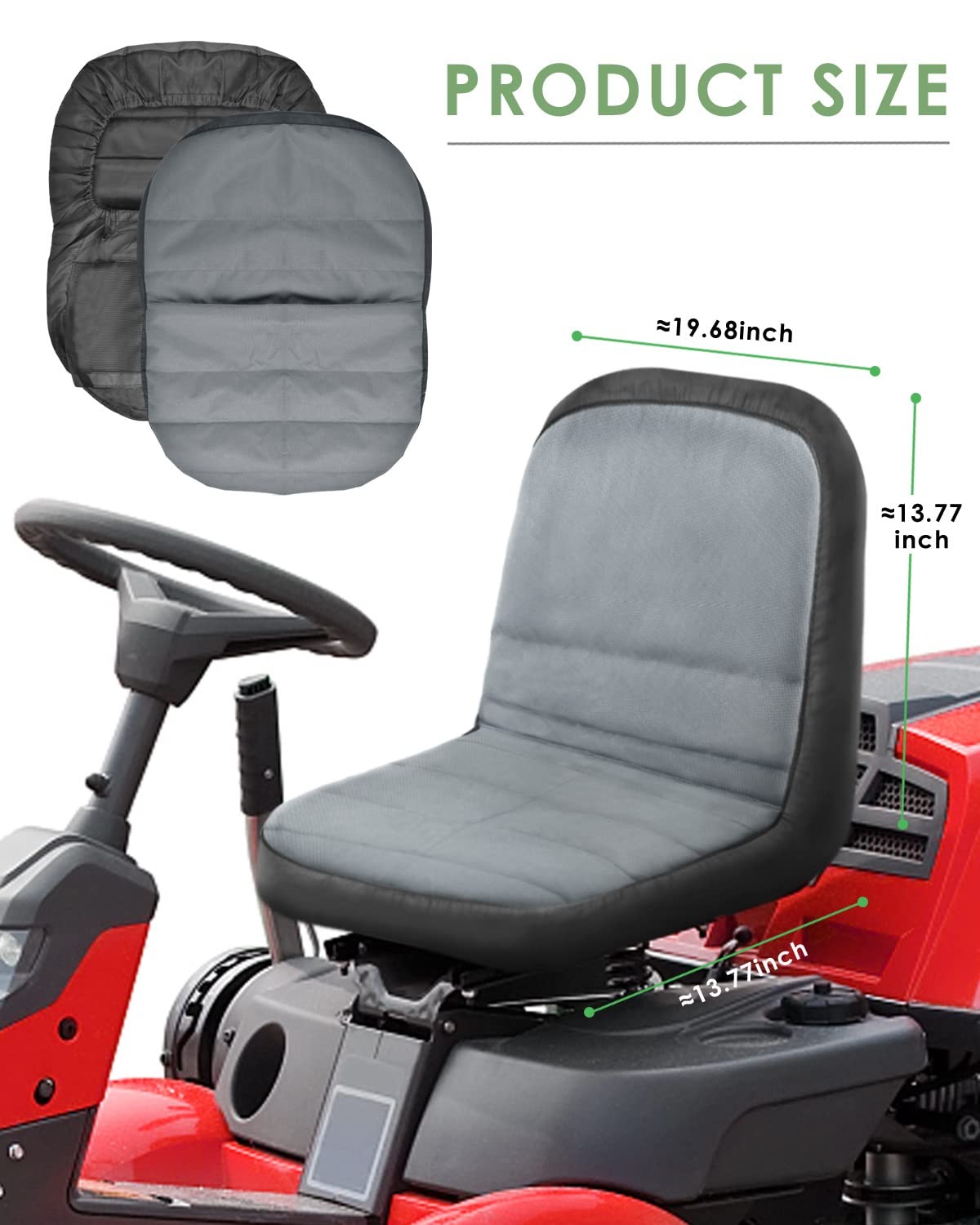 PACETAP universal-fit seat cover on compatible mower showing size guidance