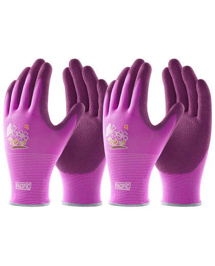 Pacific PPE women's purple garden gloves with palm coating for secure grip.