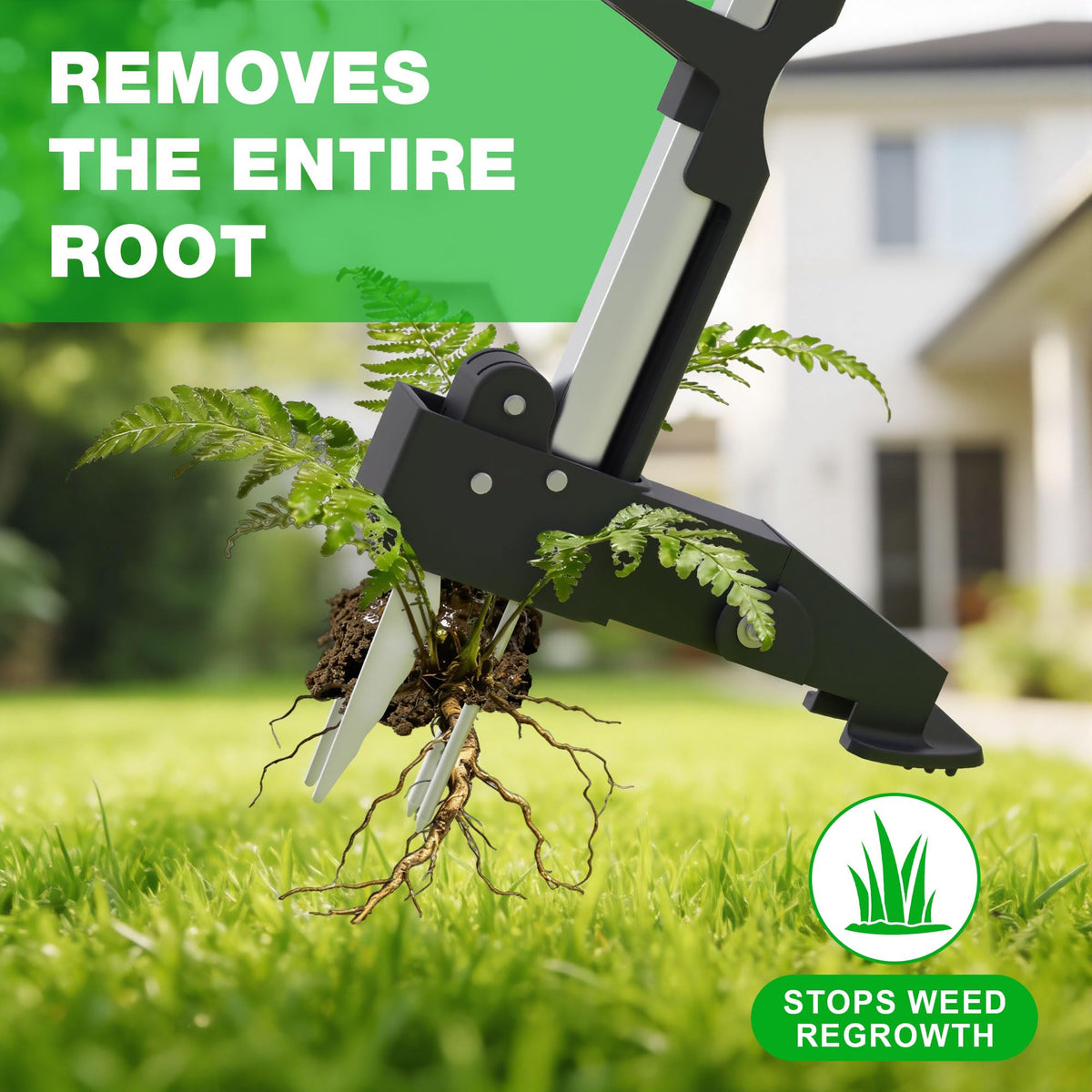 PadPure weed puller in garden scene showing safe, chemical-free control.