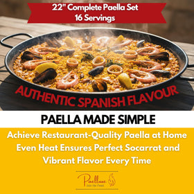 Paelluxe 22-inch anti-rust paella pan for even heat distribution.