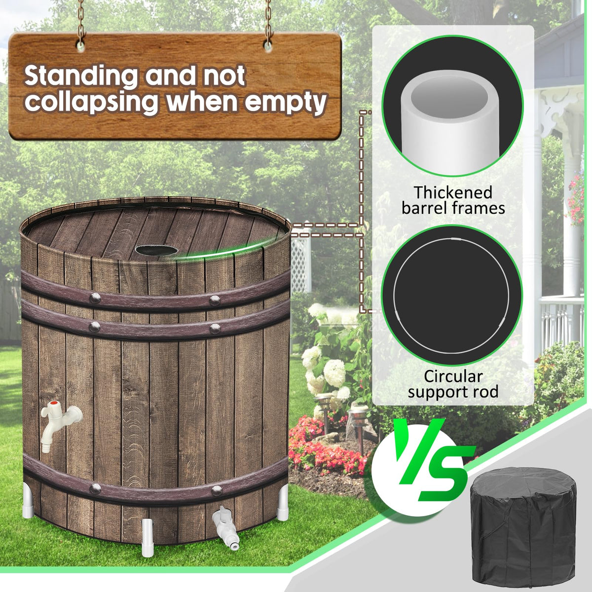 PAETAE rain barrel with woodgrain finish enhances outdoor decor
