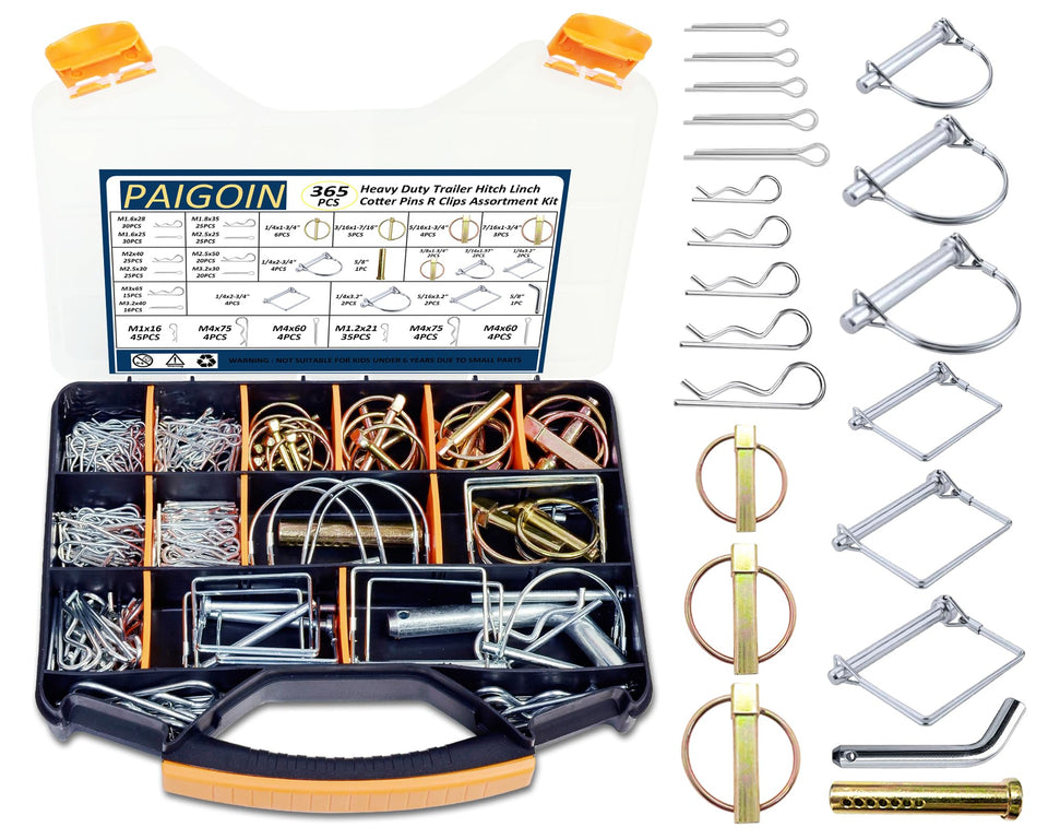 PAIGOIN 365PCS kit packaging shows a complete hitch pin set for quick selection.