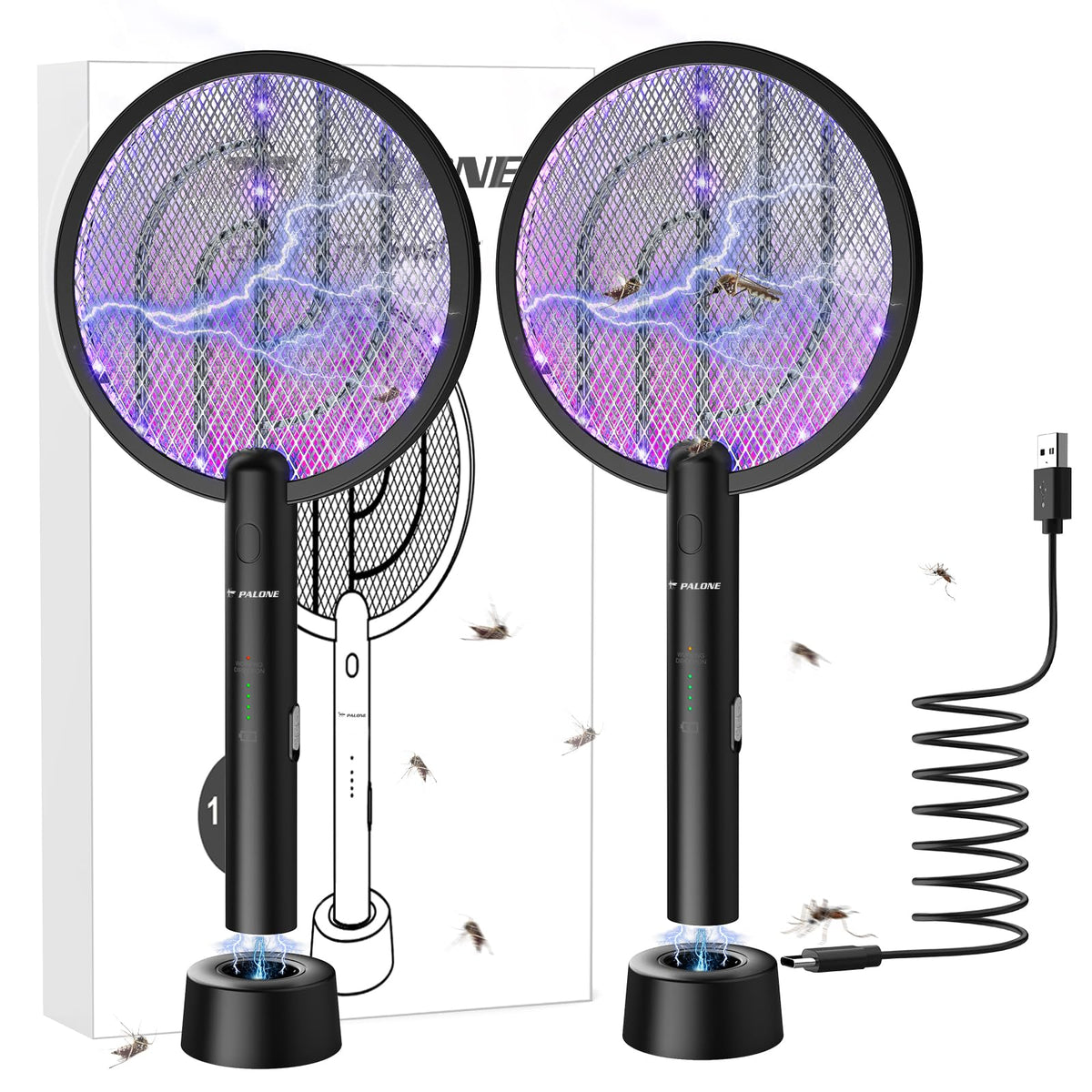PALONE electric fly swatter with 4000V dual modes for fast indoor or outdoor pest control