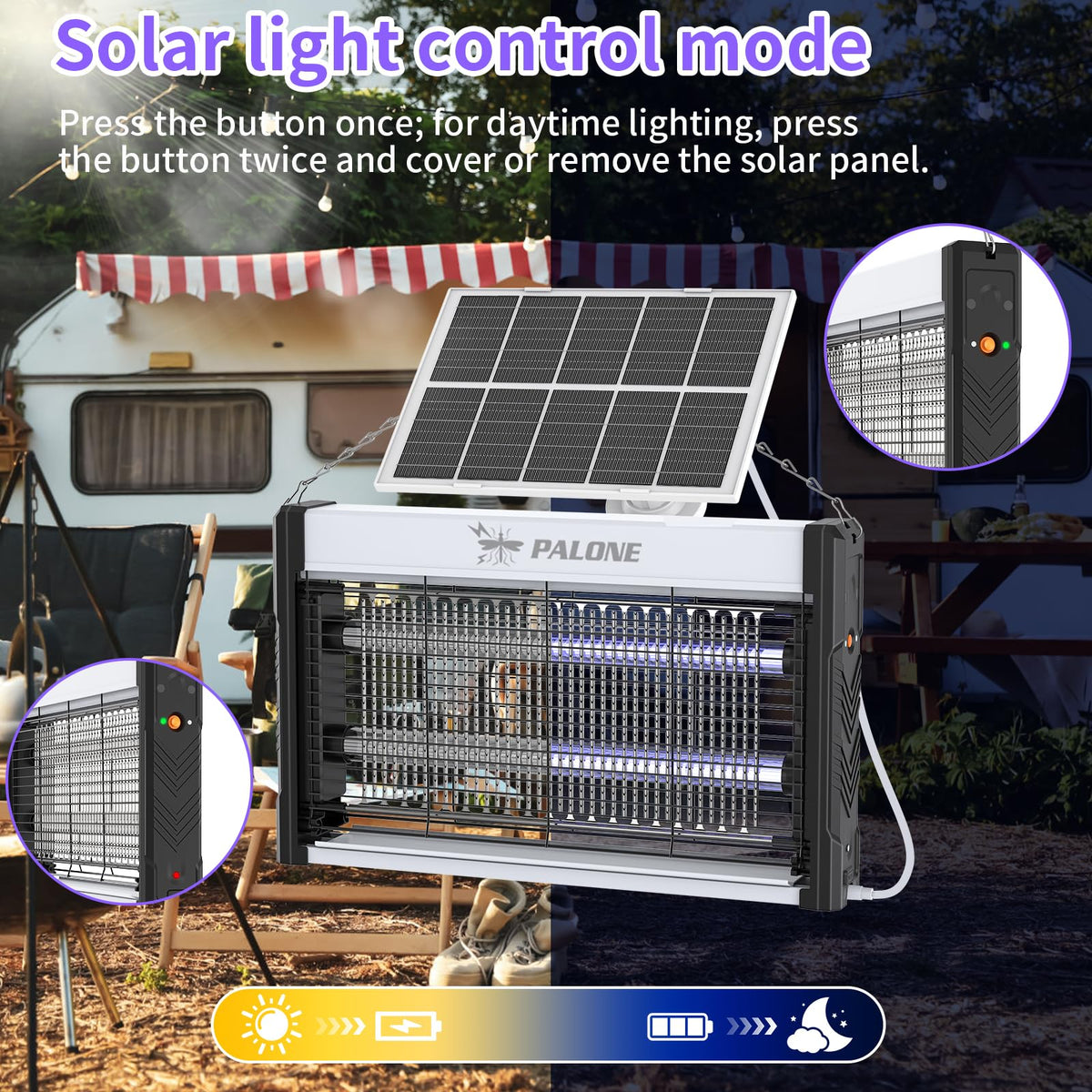 PALONE Bug Zapper solar panel charging in sunlight for continuous operation.