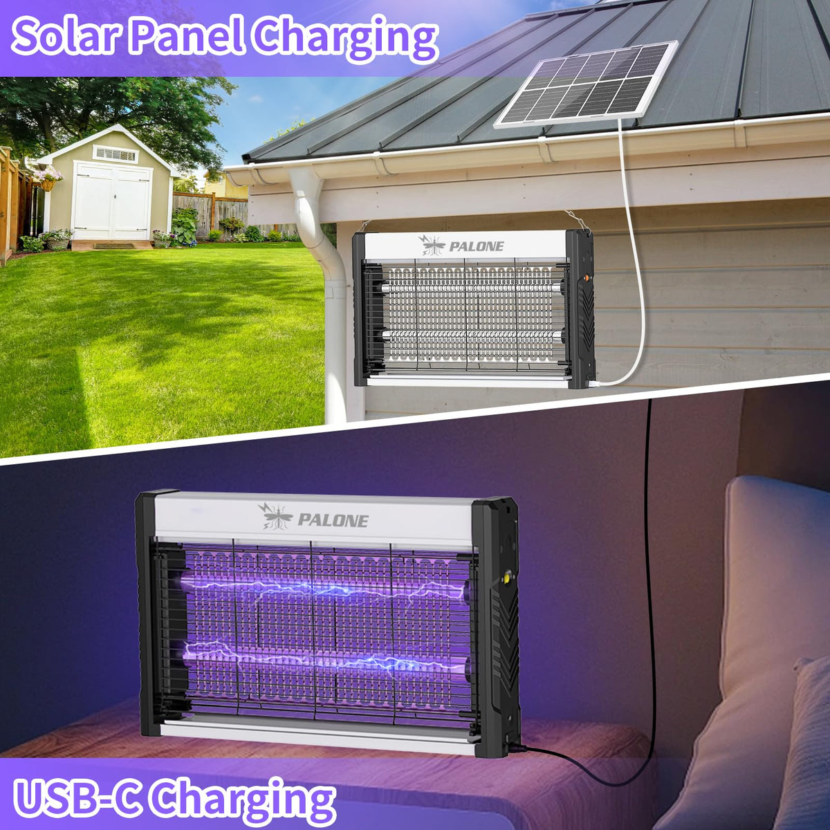 PALONE Solar Bug Zapper with USB-C charging for convenient indoor use.