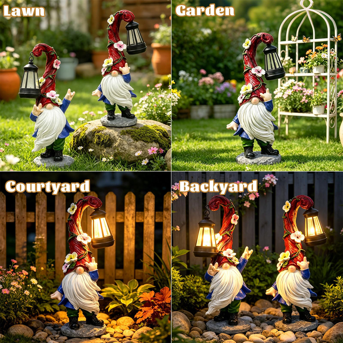 PaLuQiYa garden gnome solar lantern lit at night, creates warm yard ambiance