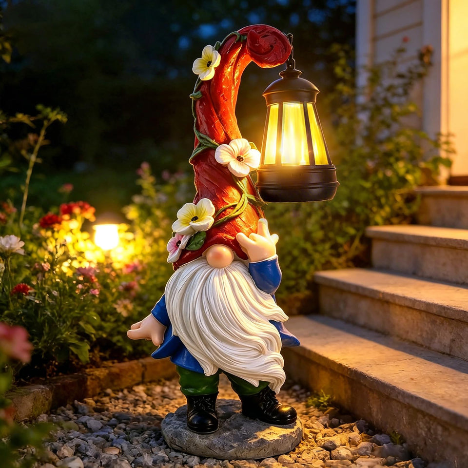 PaLuQiYa garden gnome statue with twig hat, ideal for outdoor display