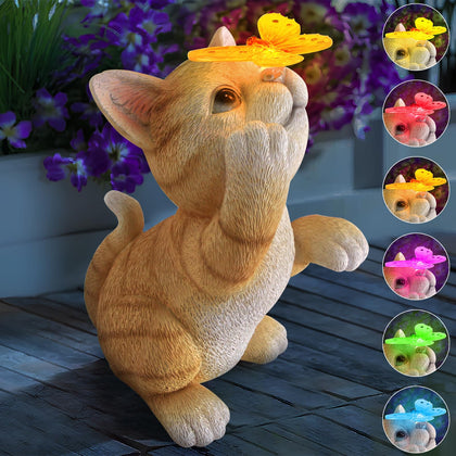 PaLuQiYa solar cat statue with butterfly on nose lights garden nights