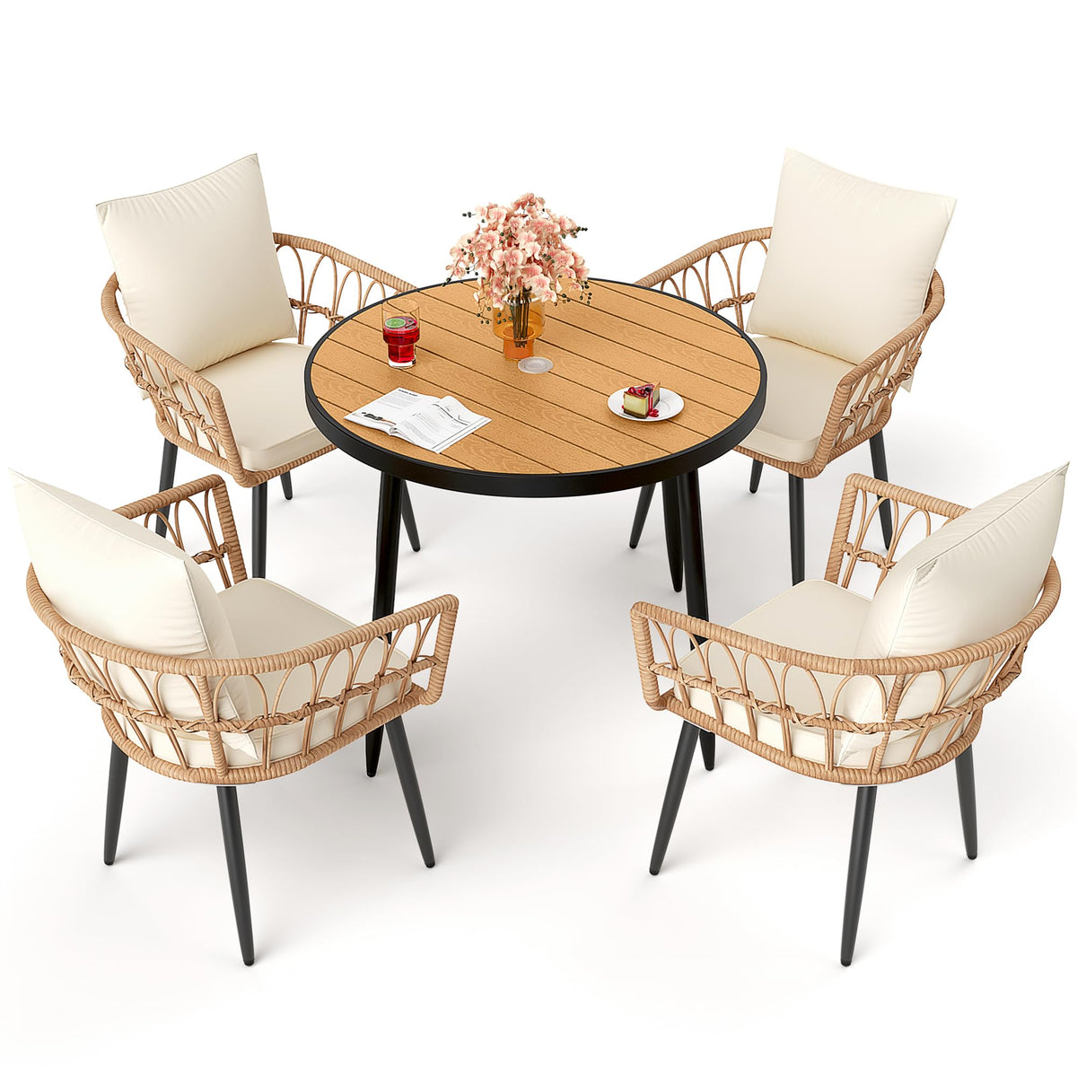 Pamapic four-armchairs with cushions provide comfortable outdoor seating.