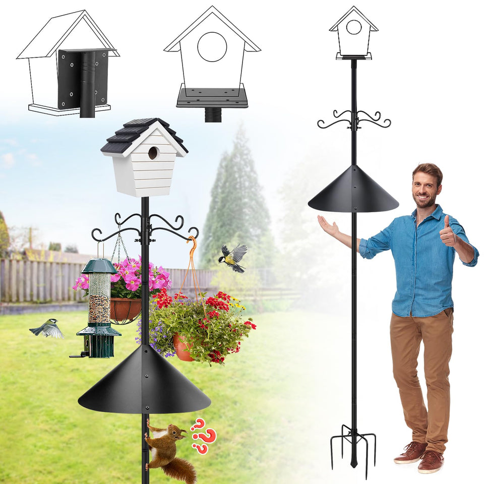 PAMASE 95-inch bird feeder pole with squirrel baffle keeps bird food secure.