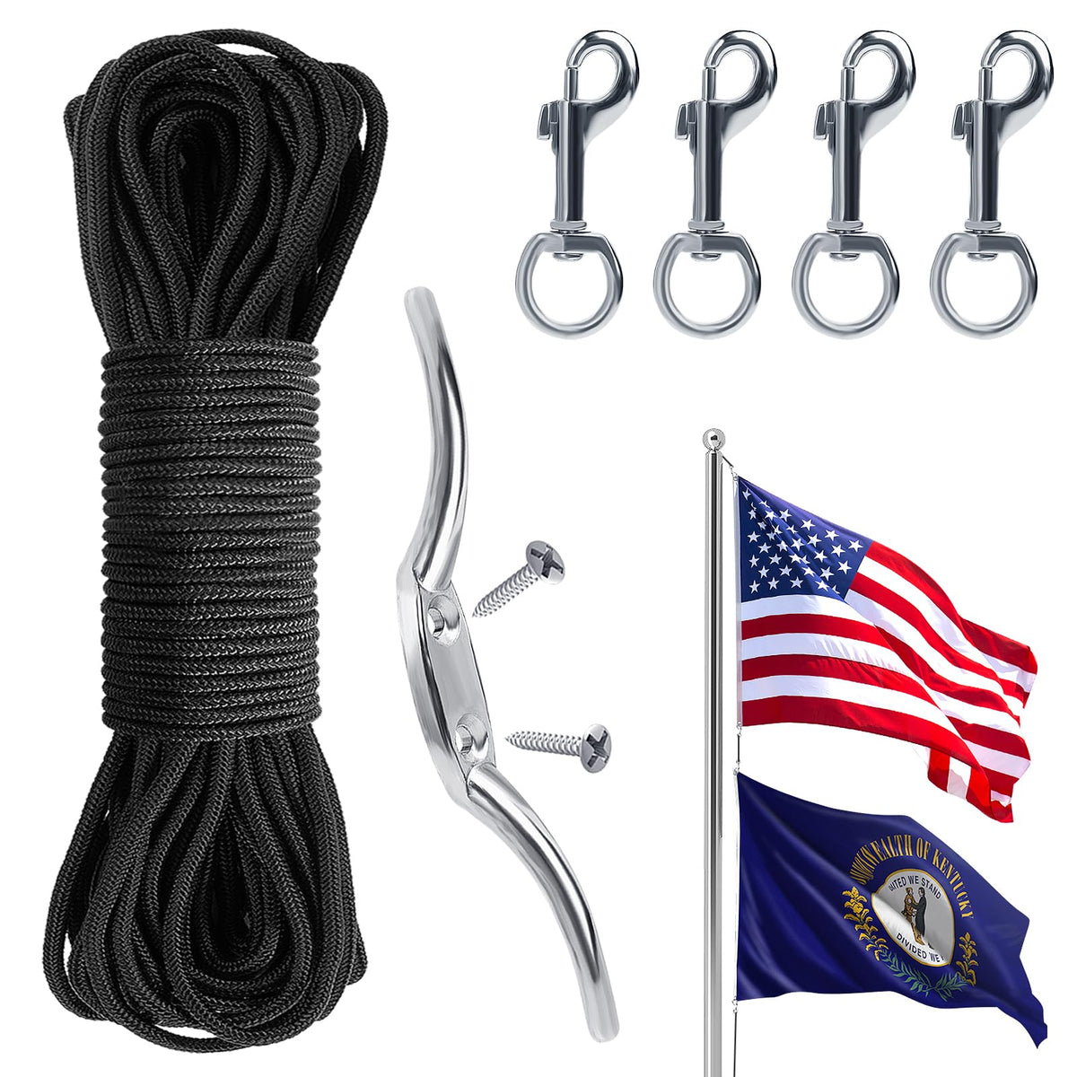 Pamase flag rope kit 100ft with cleat hook for sturdy outdoor flagpole mounting.