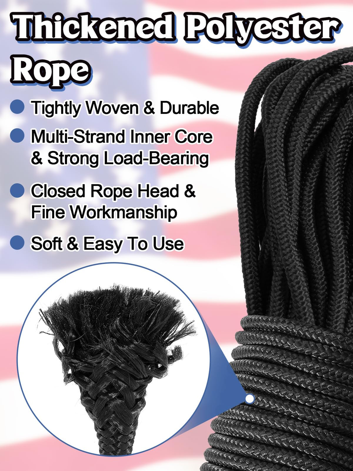 Pamase braided polyester rope resists UV and wear for outdoor use.