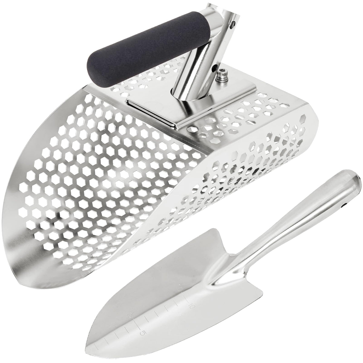 PAMLIAPY sand scoop for metal detecting on the beach, durable stainless steel for rugged hunts.