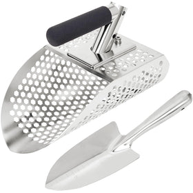 PAMLIAPY sand scoop for metal detecting on the beach, durable stainless steel for rugged hunts.