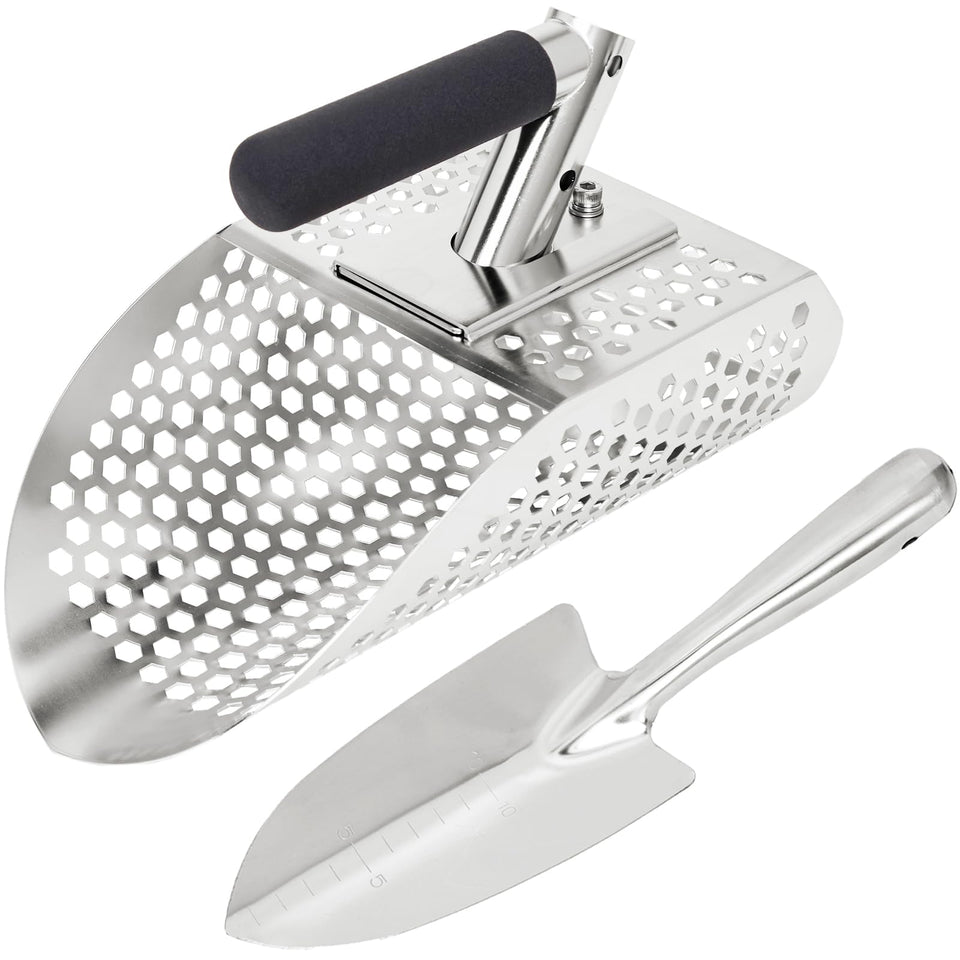 PAMLIAPY sand scoop for metal detecting on the beach, durable stainless steel for rugged hunts.
