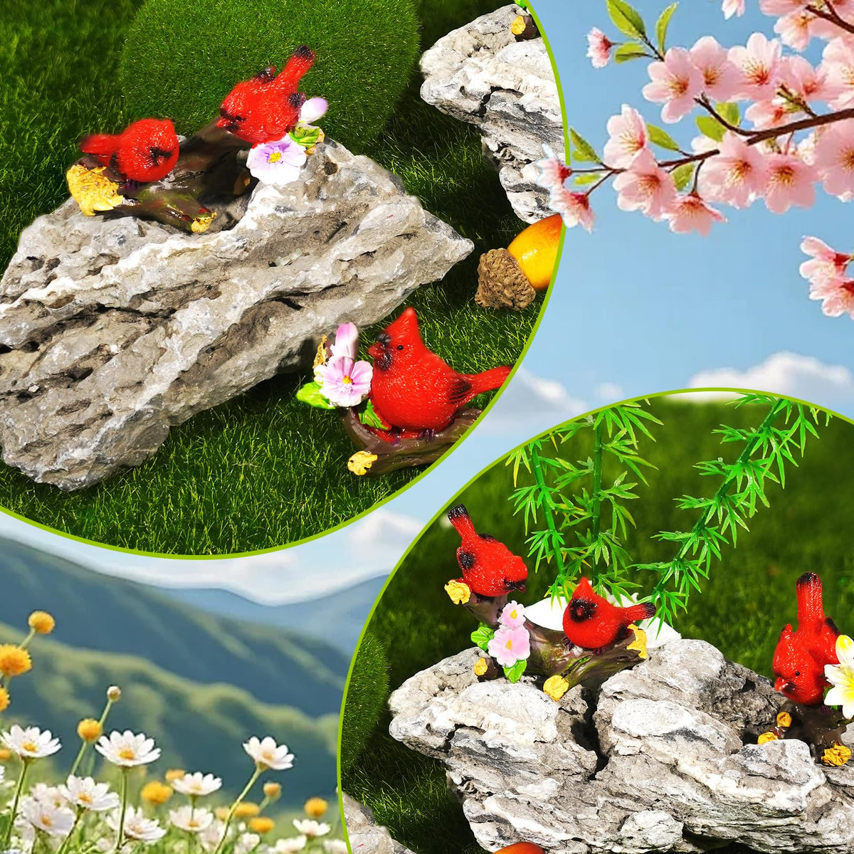 Resin cardinal figurines with delicate floral branches
