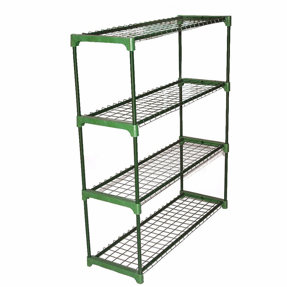 Panana greenhouse staging 4-tier double pack for sturdy plant and tool storage.